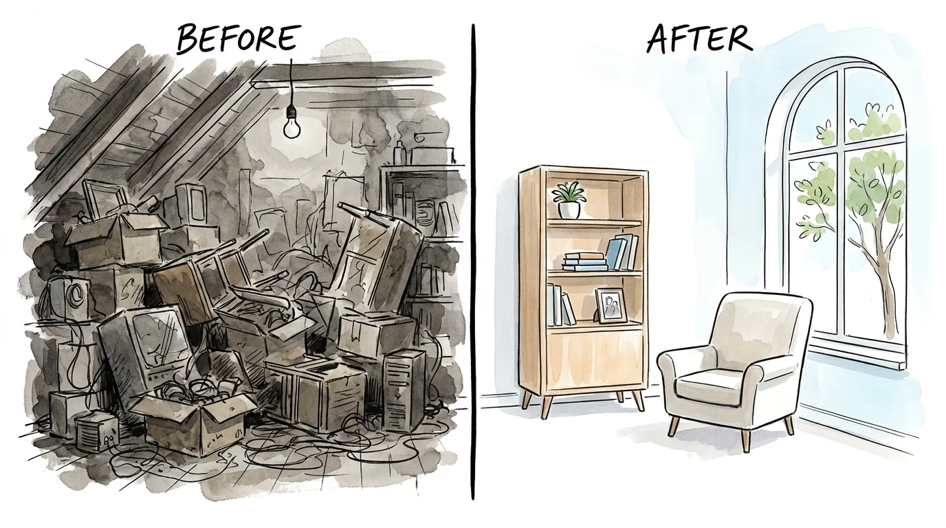 A split illustration comparing a cluttered, dark attic to a bright, minimalist living space in a downsized home.