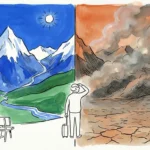 A split illustration showing a beautiful mountain landscape on one side and the same scene obscured by wildfire smoke on the other.