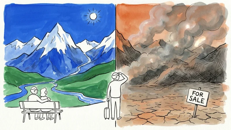 A split illustration showing a beautiful mountain landscape on one side and the same scene obscured by wildfire smoke on the other.