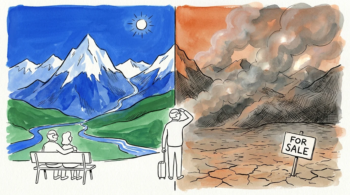 A split illustration showing a beautiful mountain landscape on one side and the same scene obscured by wildfire smoke on the other.