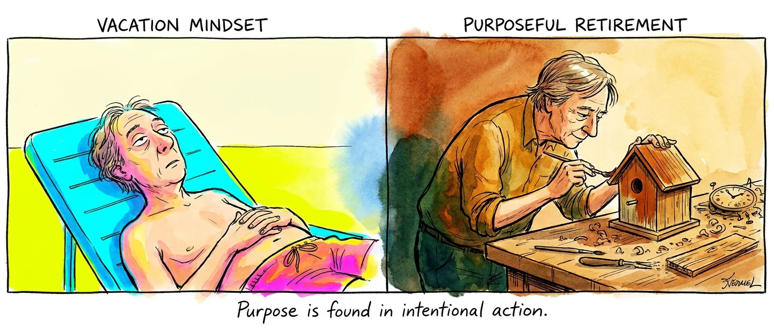 A split-panel illustration comparing aimless lounging with the focused, satisfying work of a hobby or project.