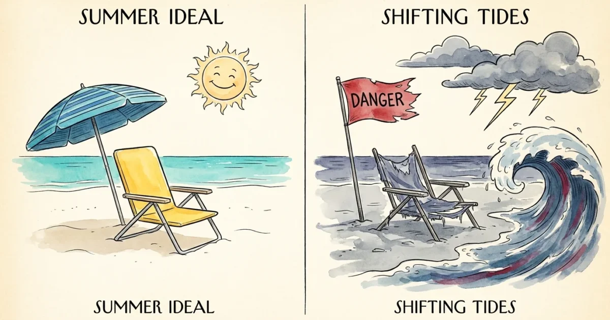 A split-screen watercolor illustration showing a peaceful beach scene on one side and a stormy, red-flagged beach on the other.