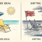 A split-screen watercolor illustration showing a peaceful beach scene on one side and a stormy, red-flagged beach on the other.