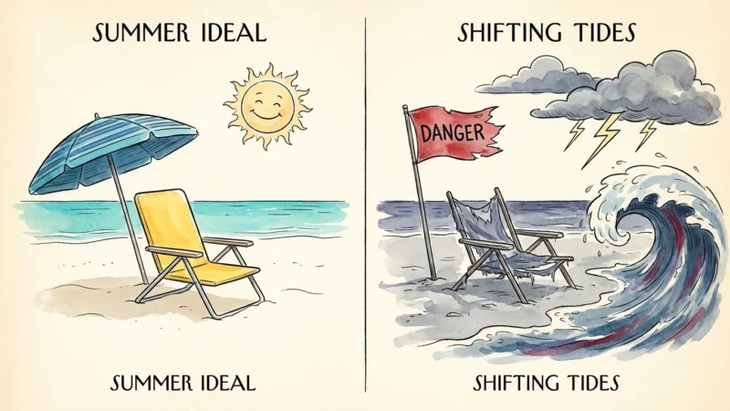 A split-screen watercolor illustration showing a peaceful beach scene on one side and a stormy, red-flagged beach on the other.