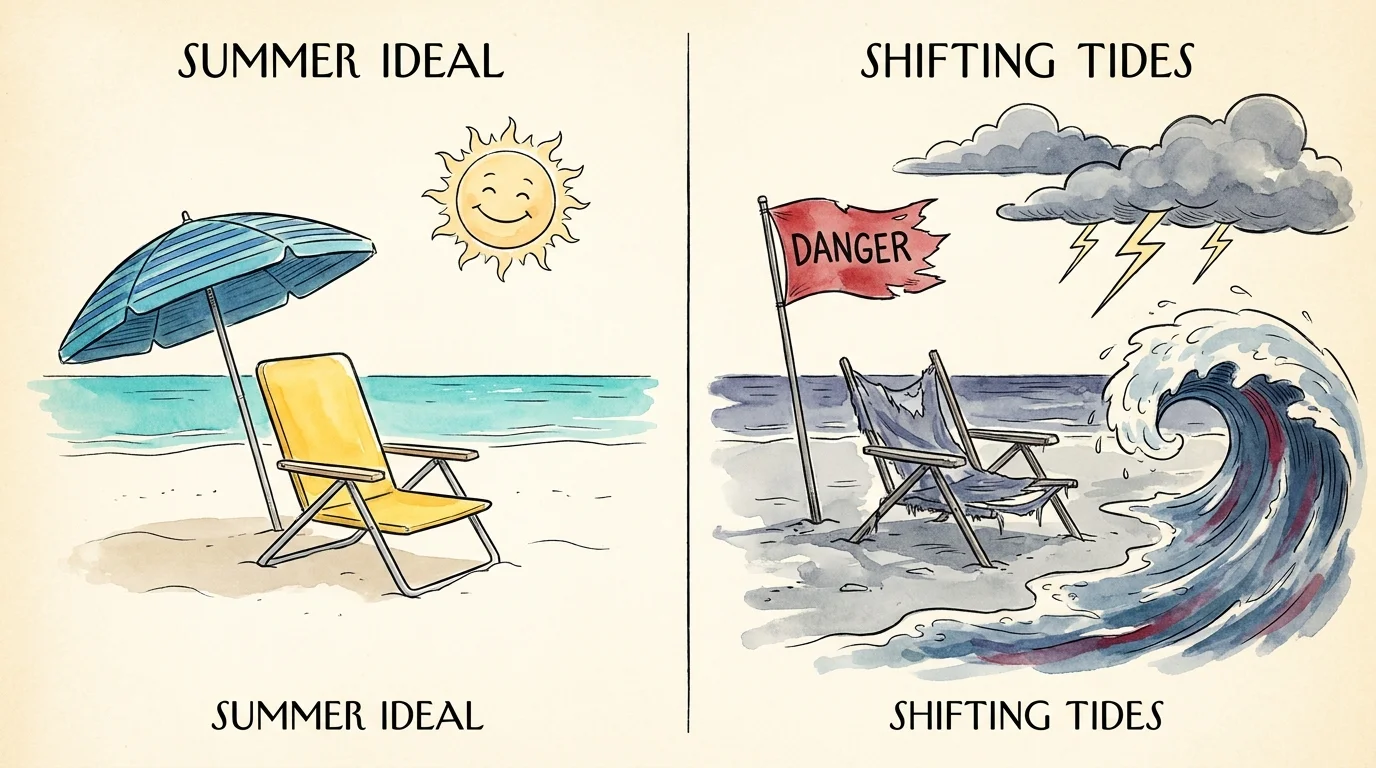 A split-screen watercolor illustration showing a peaceful beach scene on one side and a stormy, red-flagged beach on the other.