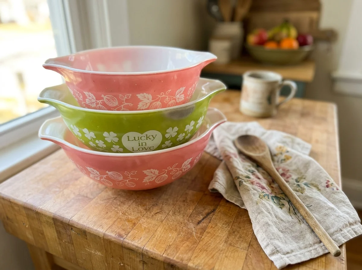 A stack of vintage Pyrex bowls with pink and green patterns on a wooden kitchen counter.