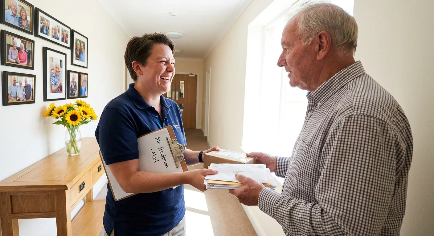A staff member smiles while handing mail to a resident in a sunlit, decorated hallway.