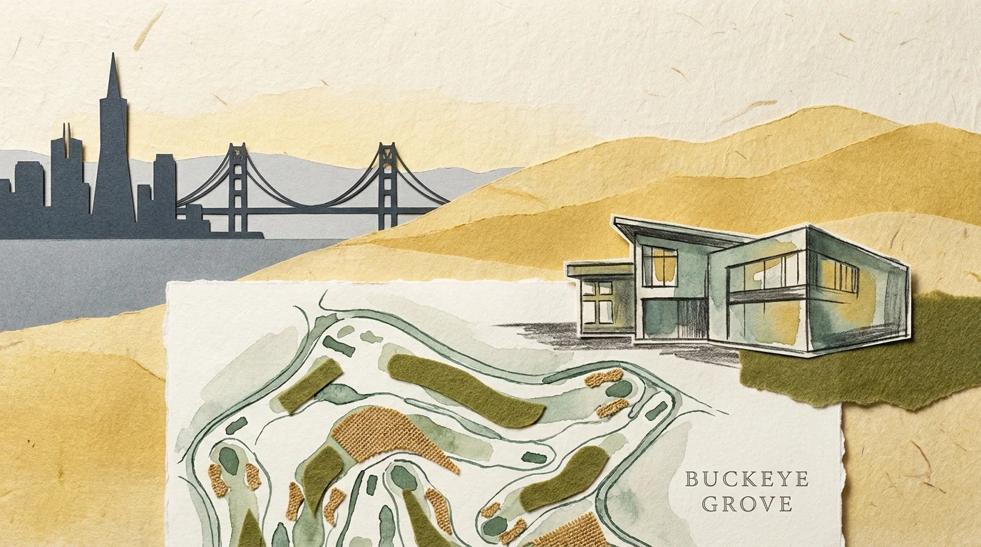 A stylized collage layering California hills, city silhouettes, and golf course map elements.