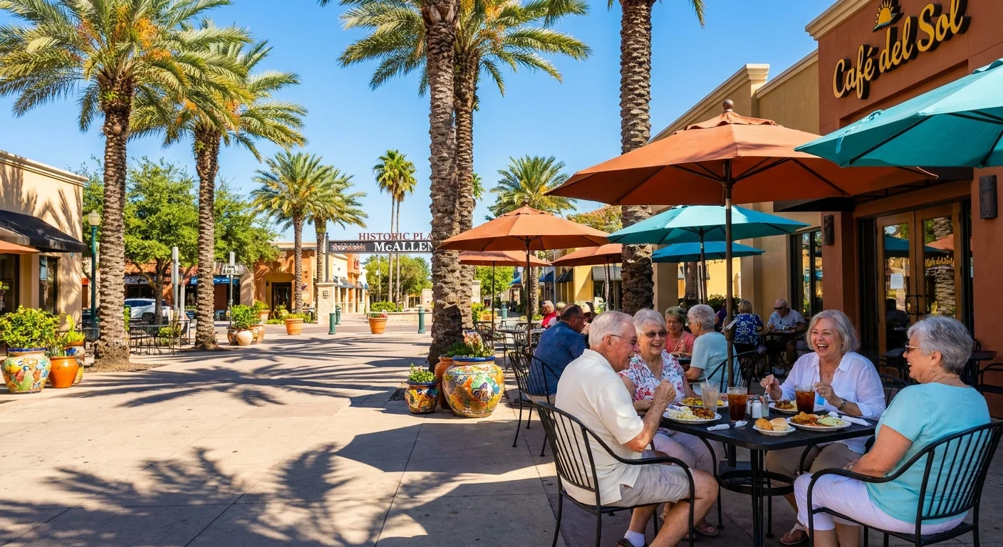 A sun-drenched plaza in McAllen, Texas, featuring palm trees and retirees dining outdoors.