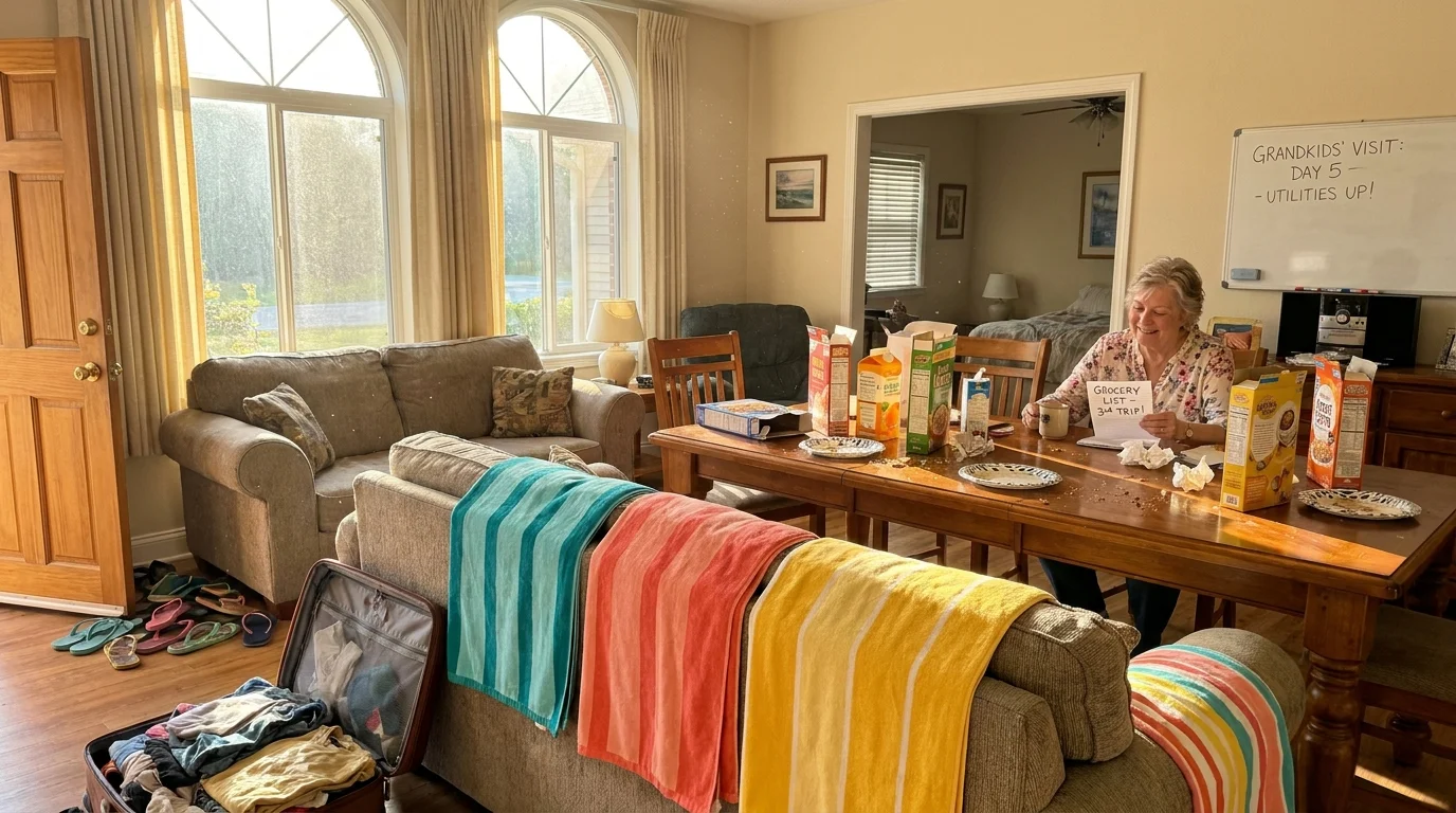 A sunlit living room filled with beach towels, flip-flops, and a dining table crowded with breakfast items.