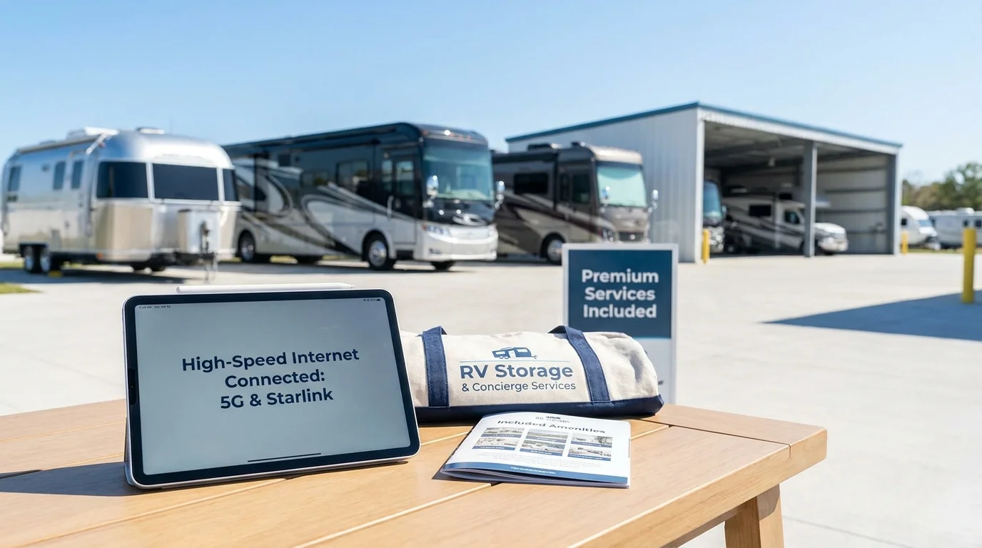 A tablet showing internet connectivity in the foreground with an RV storage area in the background at Pennbrooke Fairways.