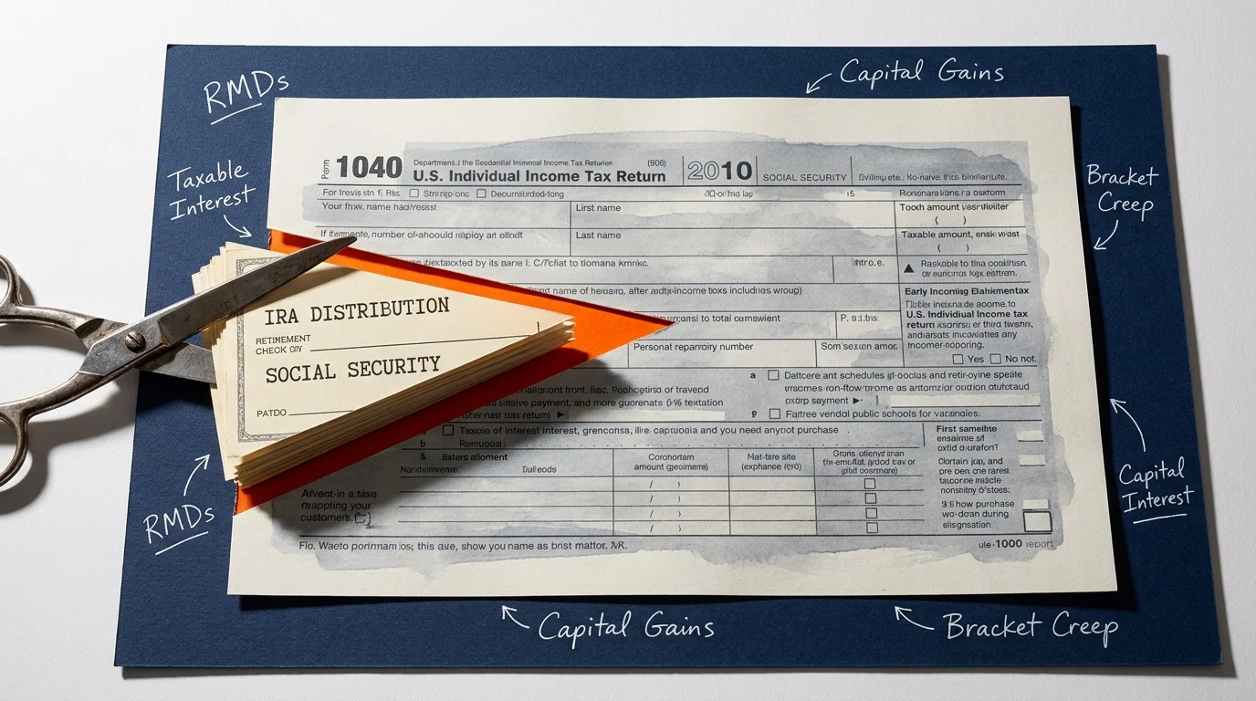 A tax form with a slice cut out of a retirement check, representing the portion taken for taxes.