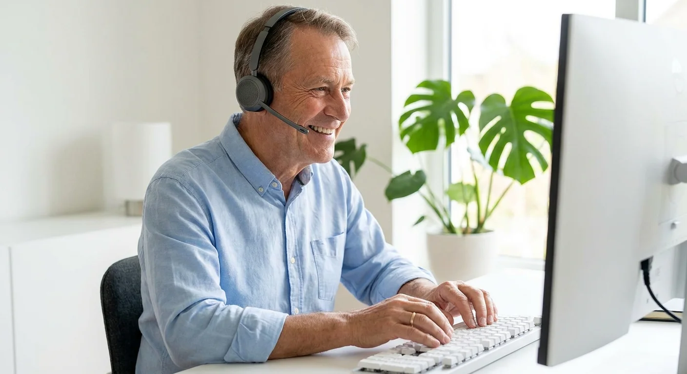 A tech-savvy retiree wearing a headset and smiling while working as a remote customer success agent.