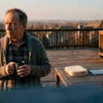 A thoughtful man in his 60s looking out from his deck at sunset, reflecting on his retirement plans with files on a table nearby.