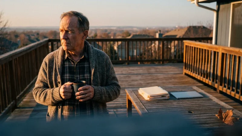 A thoughtful man in his 60s looking out from his deck at sunset, reflecting on his retirement plans with files on a table nearby.
