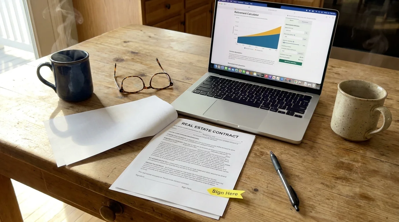 A top-down photo of a kitchen table with a real estate contract, coffee mugs, and a laptop, symbolizing professional planning.