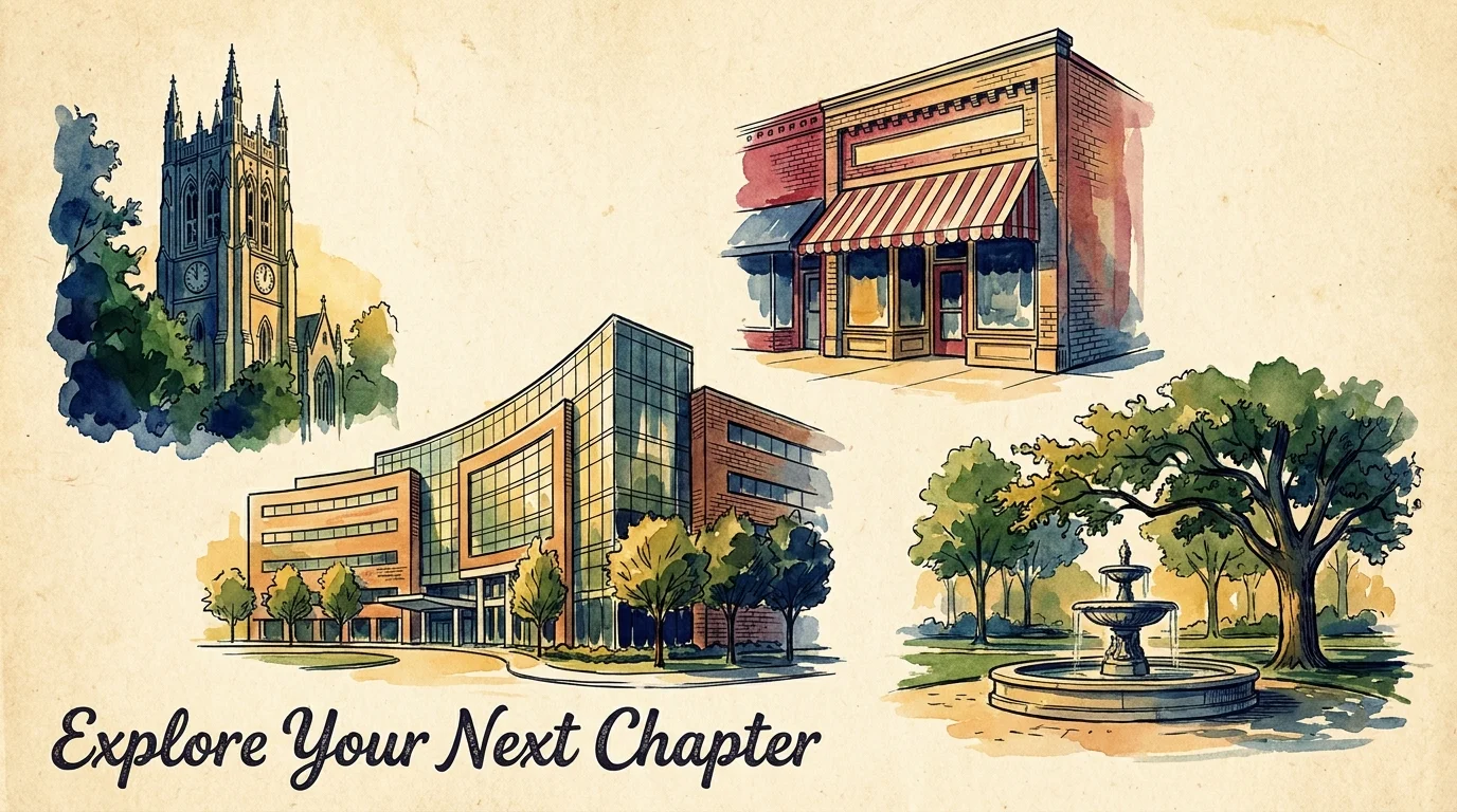A travel-style illustration featuring various university town landmarks like clock towers and historic storefronts.