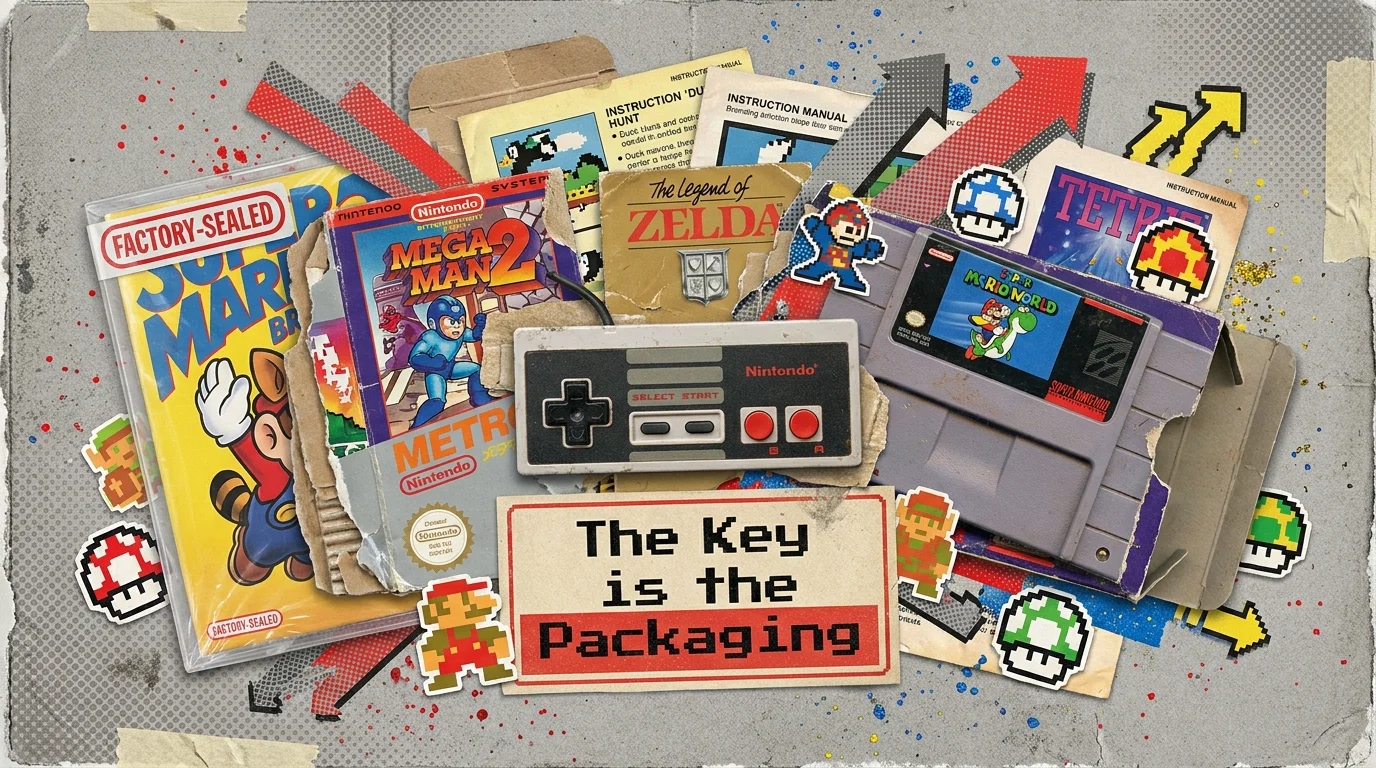 A vibrant collage featuring a classic NES controller, game cartridges, and vintage instruction manuals.