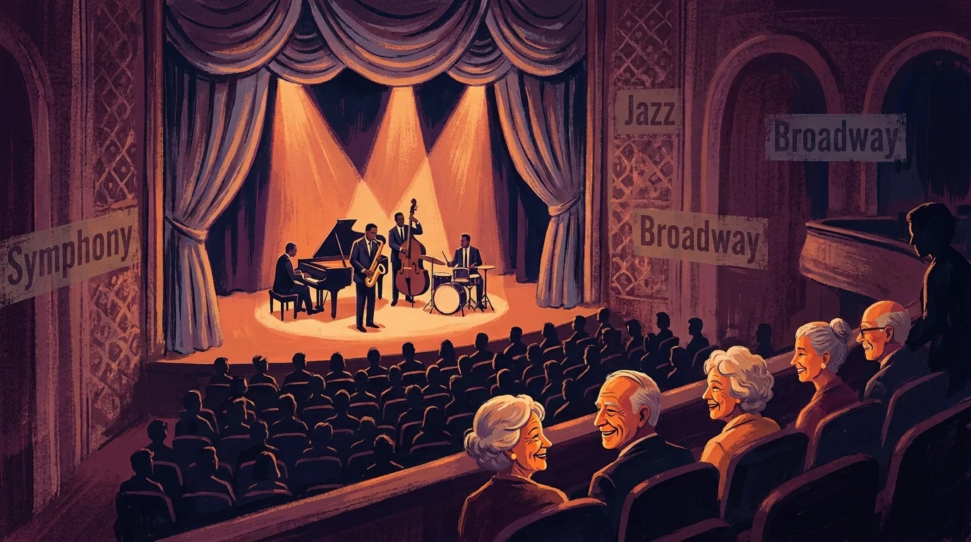 A vibrant gouache illustration of a jazz performance in a university theater, showing a diverse audience enjoying the music.