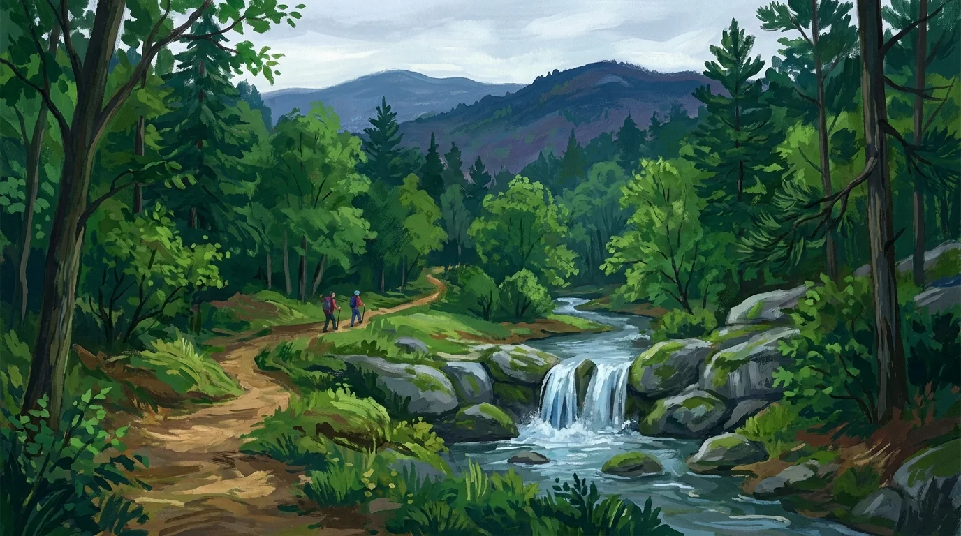 A vibrant gouache painting of a waterfall and hiking trail deep within a green Arkansas forest.