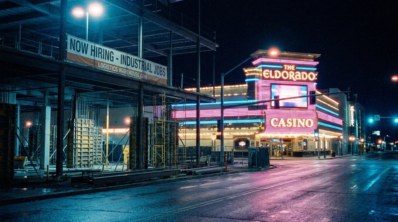A view of a modern warehouse under construction with a glowing neon casino sign in the background in Reno.