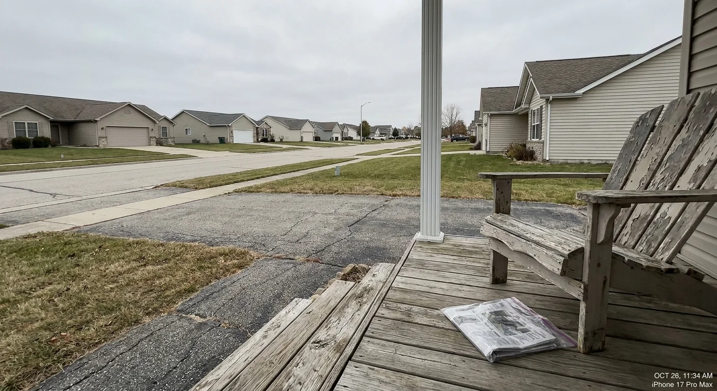 A view of a quiet, empty suburban street from a front porch, conveying a sense of neighborhood isolation.