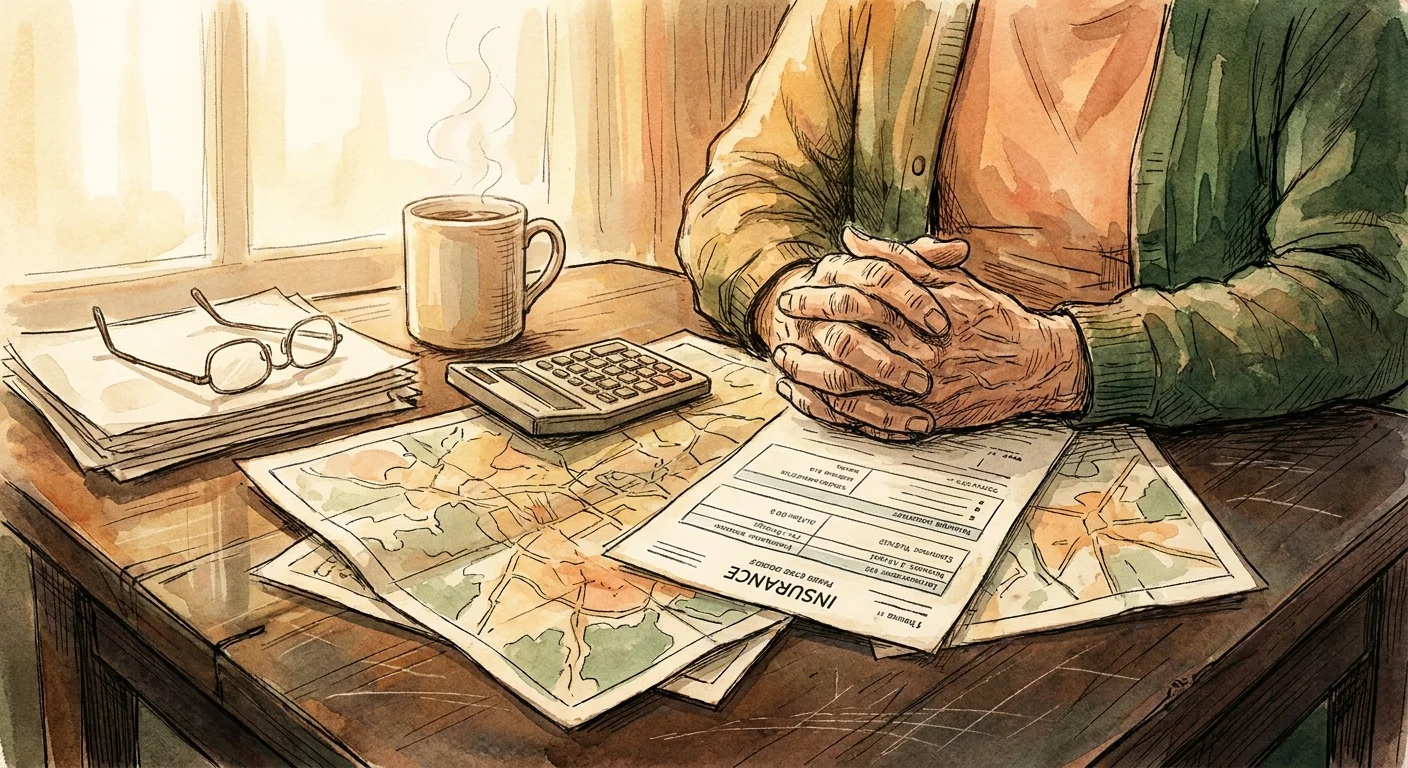 A warm watercolor illustration of a couple reviewing documents and maps at a kitchen table, representing careful planning.