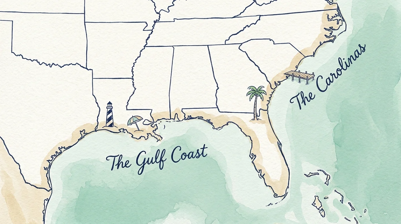 A watercolor and ink map illustration highlighting the scenic Gulf Coast and Carolina coastlines for retirement.