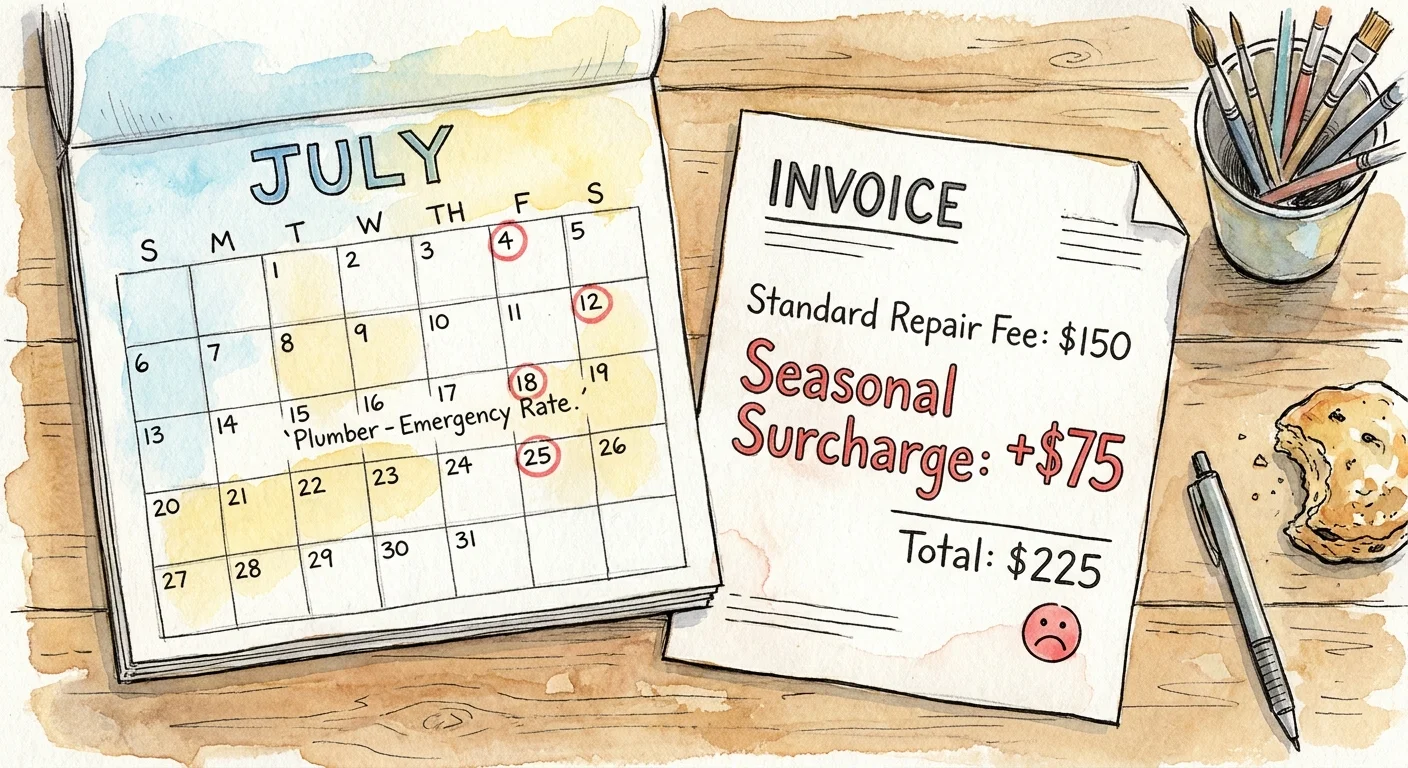 A watercolor illustration of a calendar and an invoice showing a 'seasonal surcharge' for a plumber's visit.
