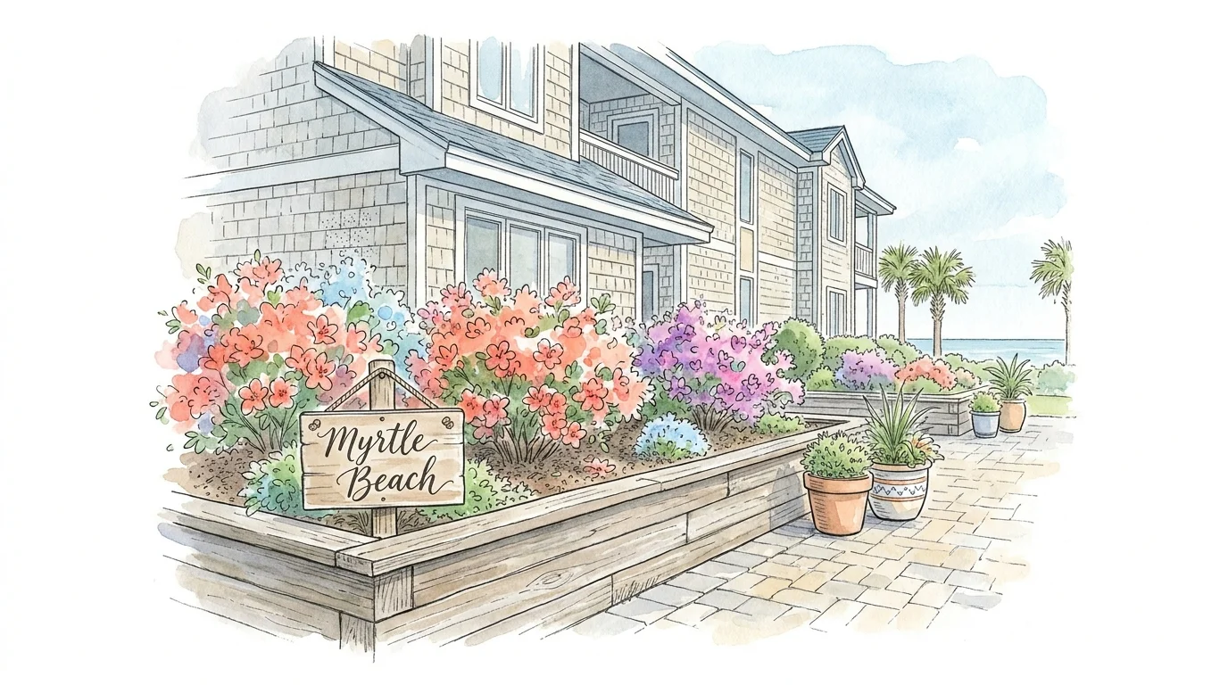 A watercolor illustration of a charming garden patio in a Myrtle Beach retirement community.