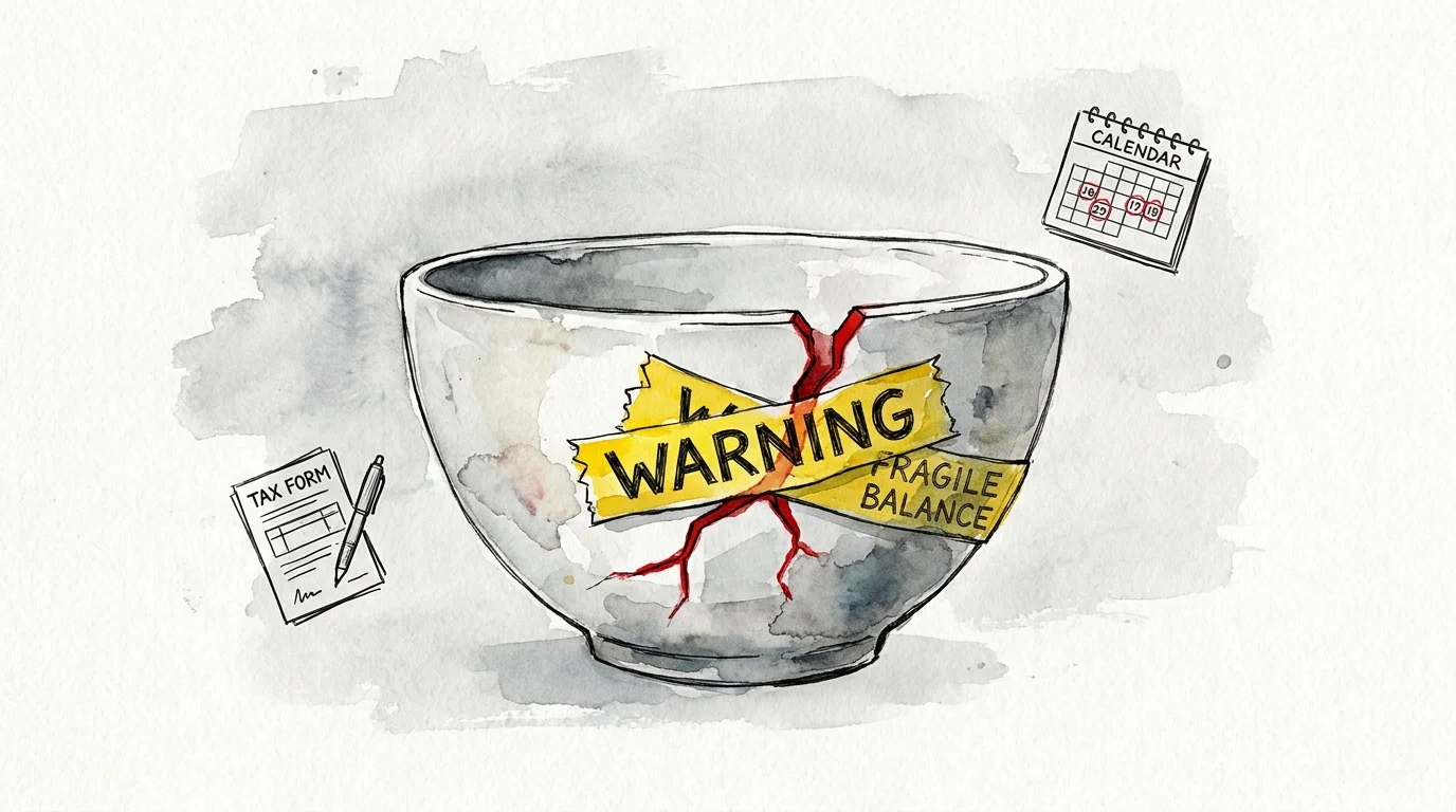 A watercolor illustration of a cracked ceramic bowl mended with caution tape, symbolizing business risks.