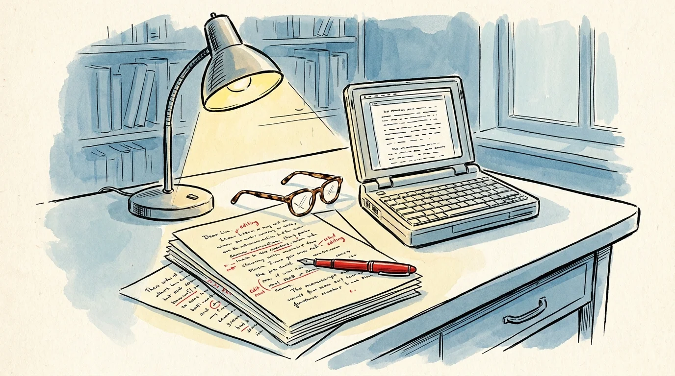 A watercolor illustration of a desk with a laptop, manuscripts, and a red editing pen.