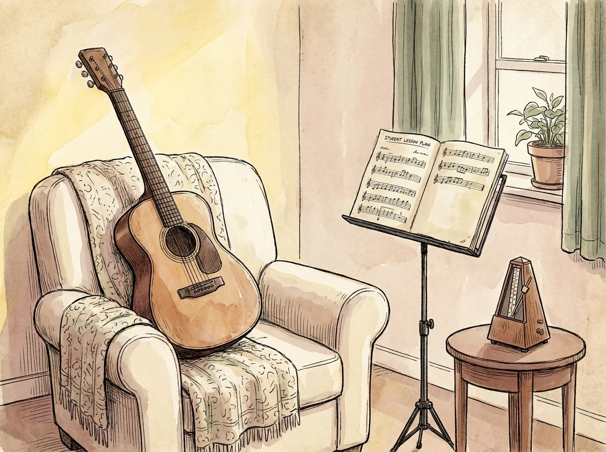 A watercolor illustration of a music stand and guitar, prepared for a tutoring session.