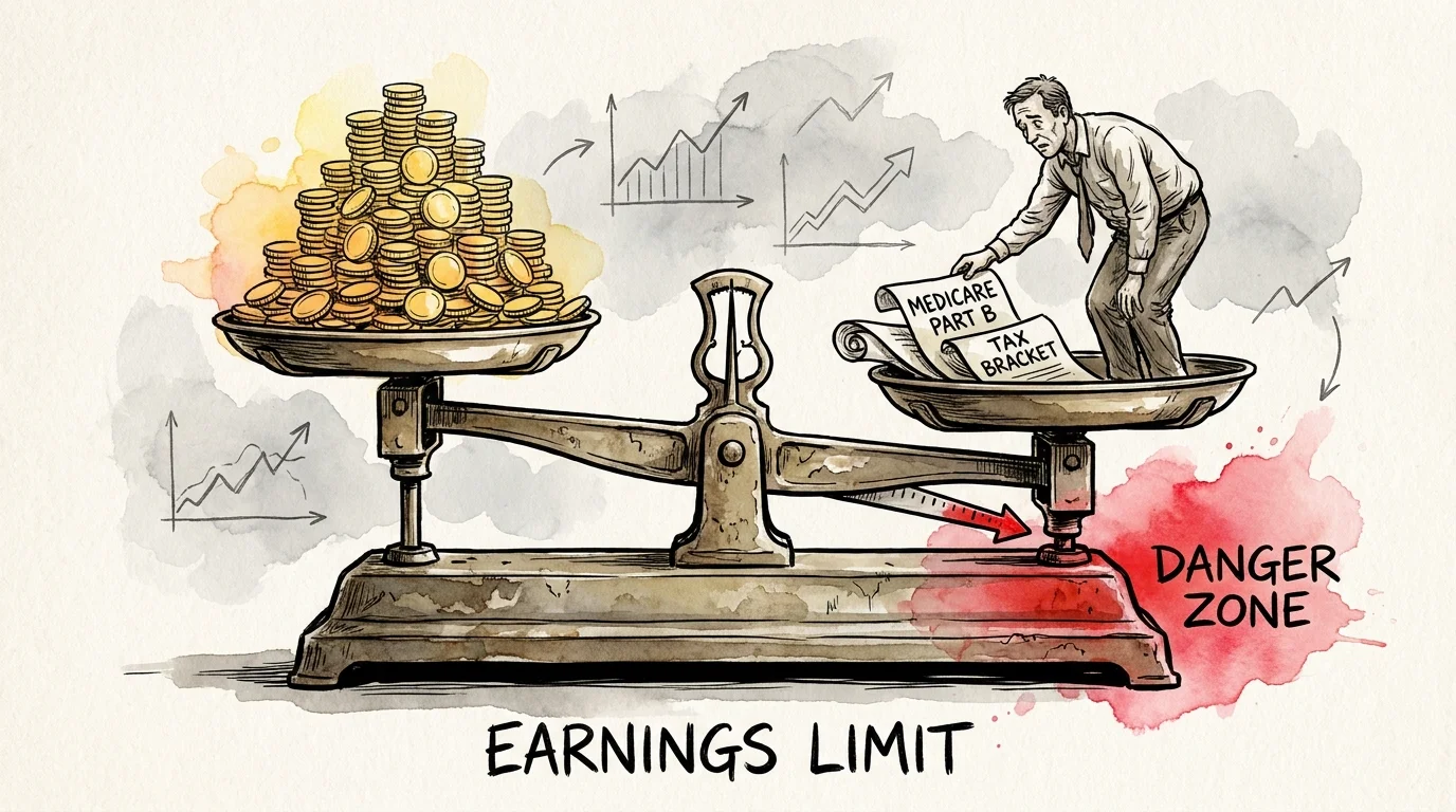A watercolor illustration of a person balancing income against Medicare and tax documents on a scale.