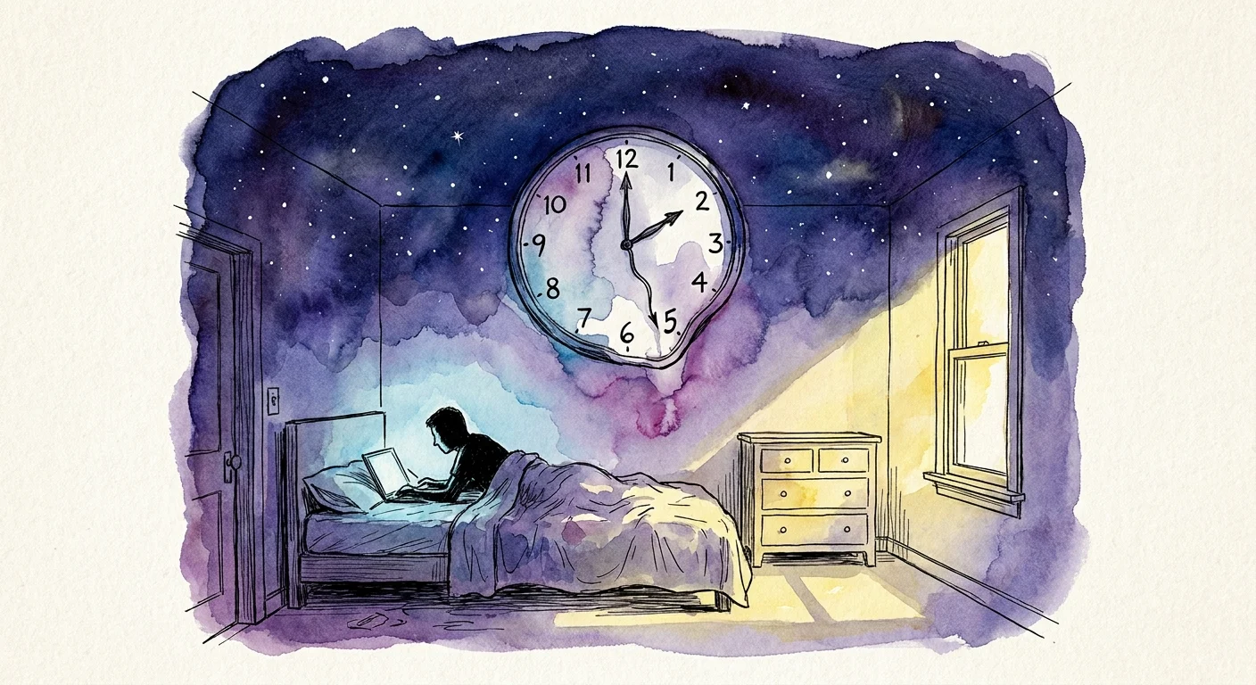 A watercolor illustration of a person in bed at 2 AM with a melting clock and the sun rising simultaneously.