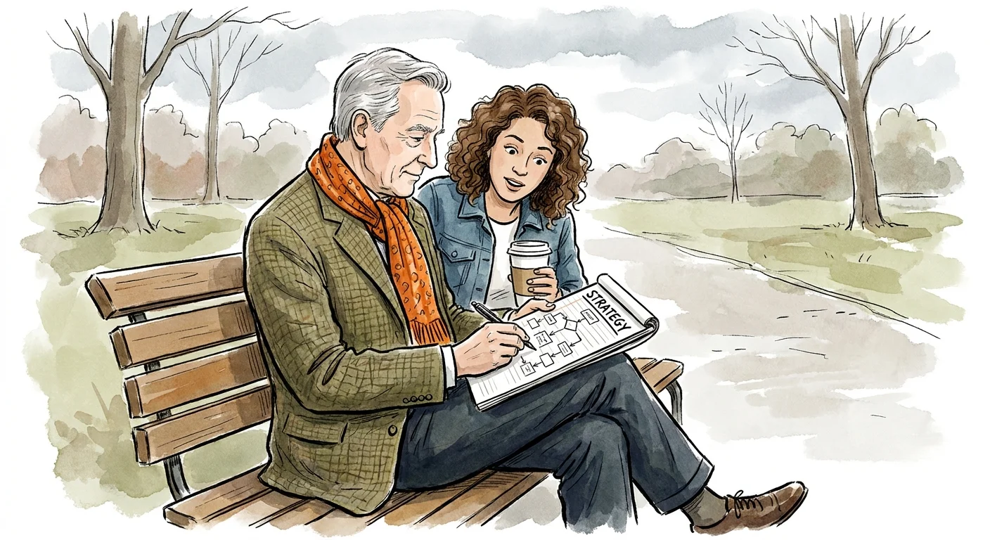 A watercolor illustration of a retiree mentoring a younger professional on a park bench.