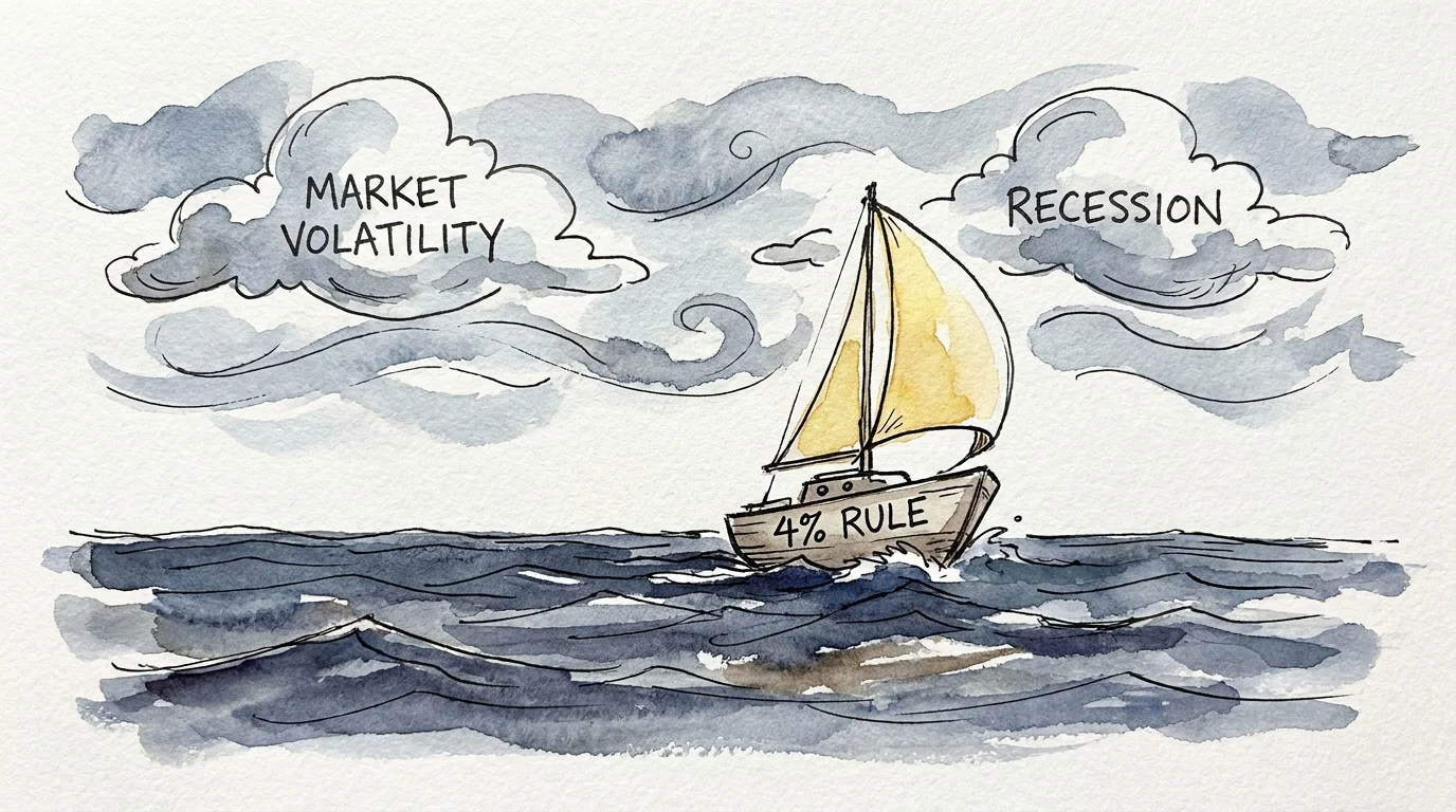 A watercolor illustration of a sailboat labeled 4% Rule navigating wavy waters labeled Market Volatility.