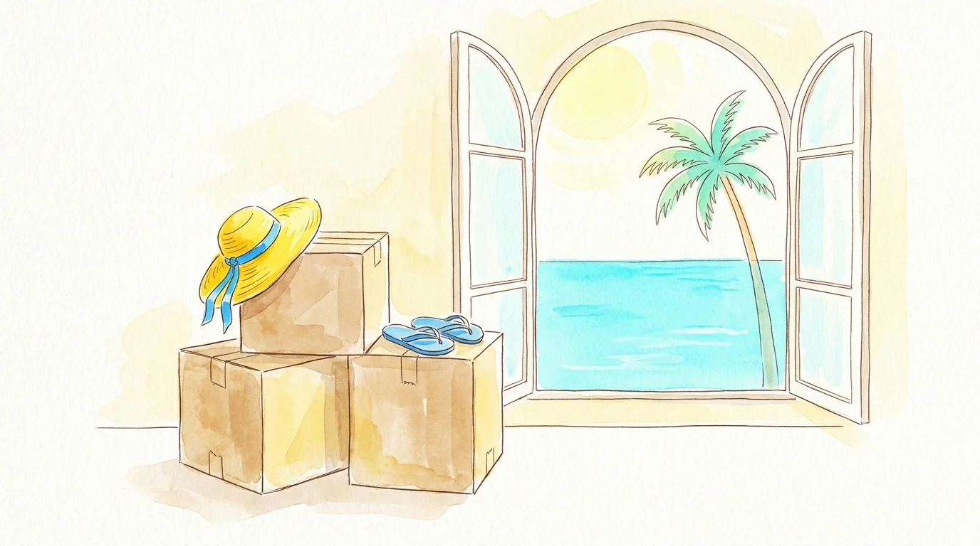 A watercolor illustration of moving boxes with a sunhat on top, with a window view of the ocean in the background.