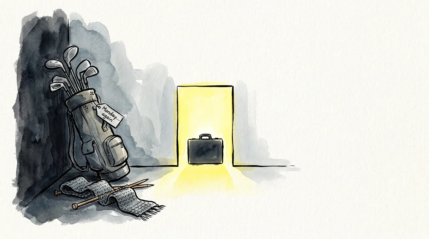 A watercolor illustration of neglected hobbies next to a bright, opening door representing a new professional challenge.