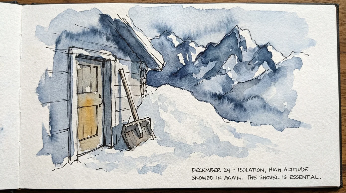 A watercolor sketch of a snow shovel leaning against a cabin door blocked by deep snow with mountains in the background.