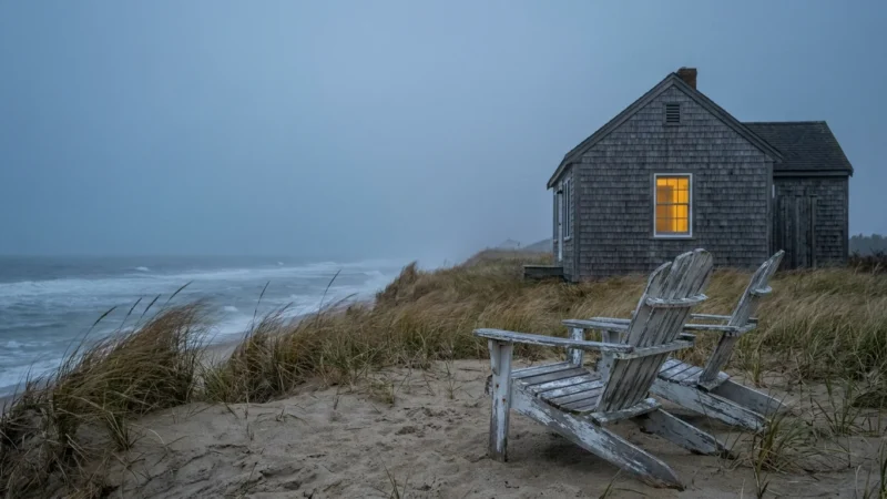 A weathered coastal cottage on a grassy dune at dusk, showing peeling paint on wooden chairs and a view of the gray ocean.
