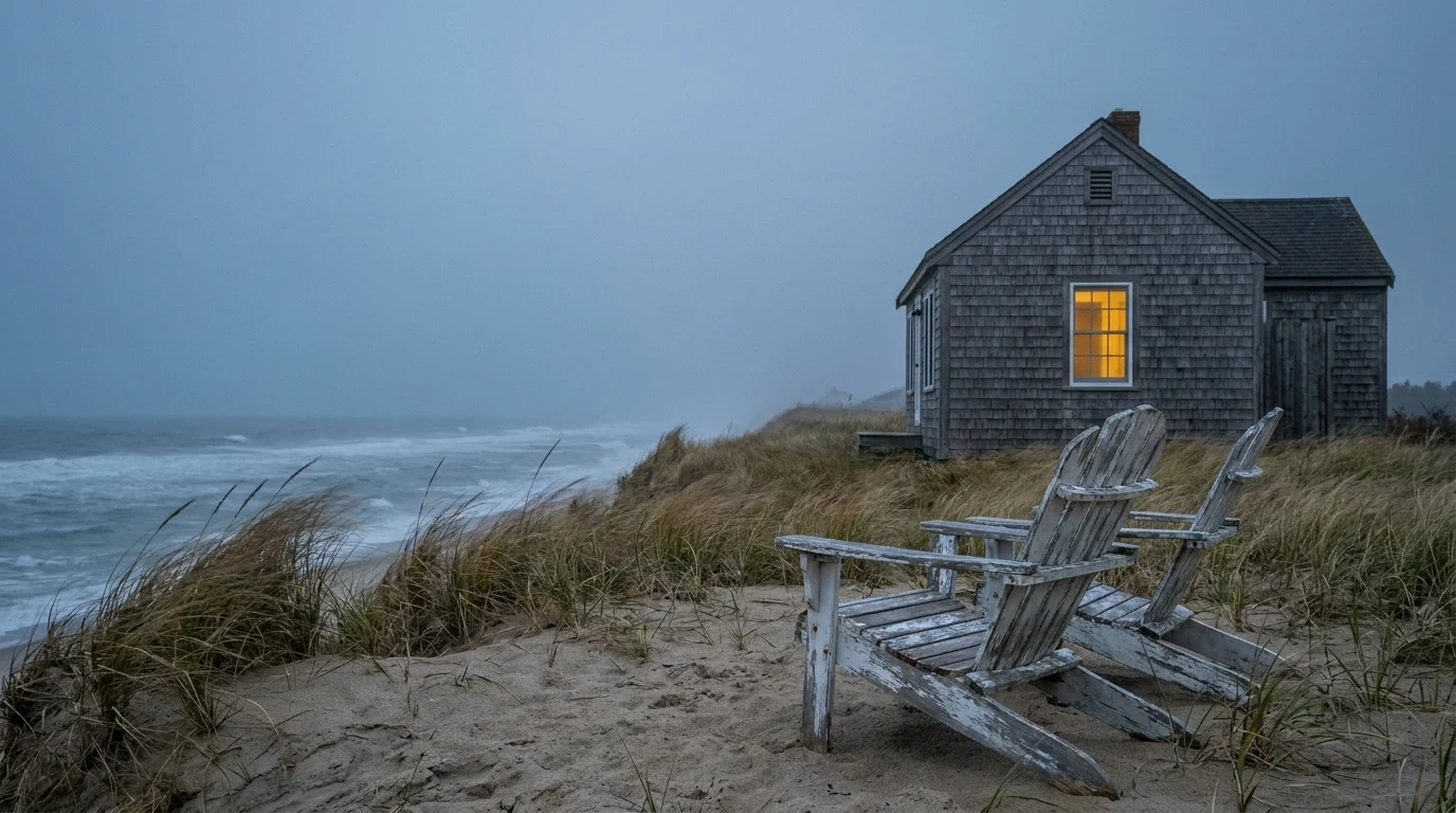 A weathered coastal cottage on a grassy dune at dusk, showing peeling paint on wooden chairs and a view of the gray ocean.