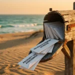 A weathered mailbox on a beach overflowing with insurance and tax bills under a sunset sky.