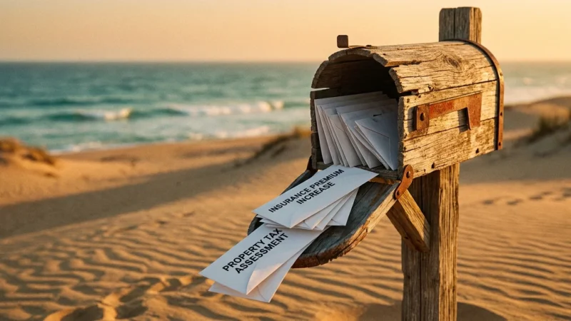 A weathered mailbox on a beach overflowing with insurance and tax bills under a sunset sky.