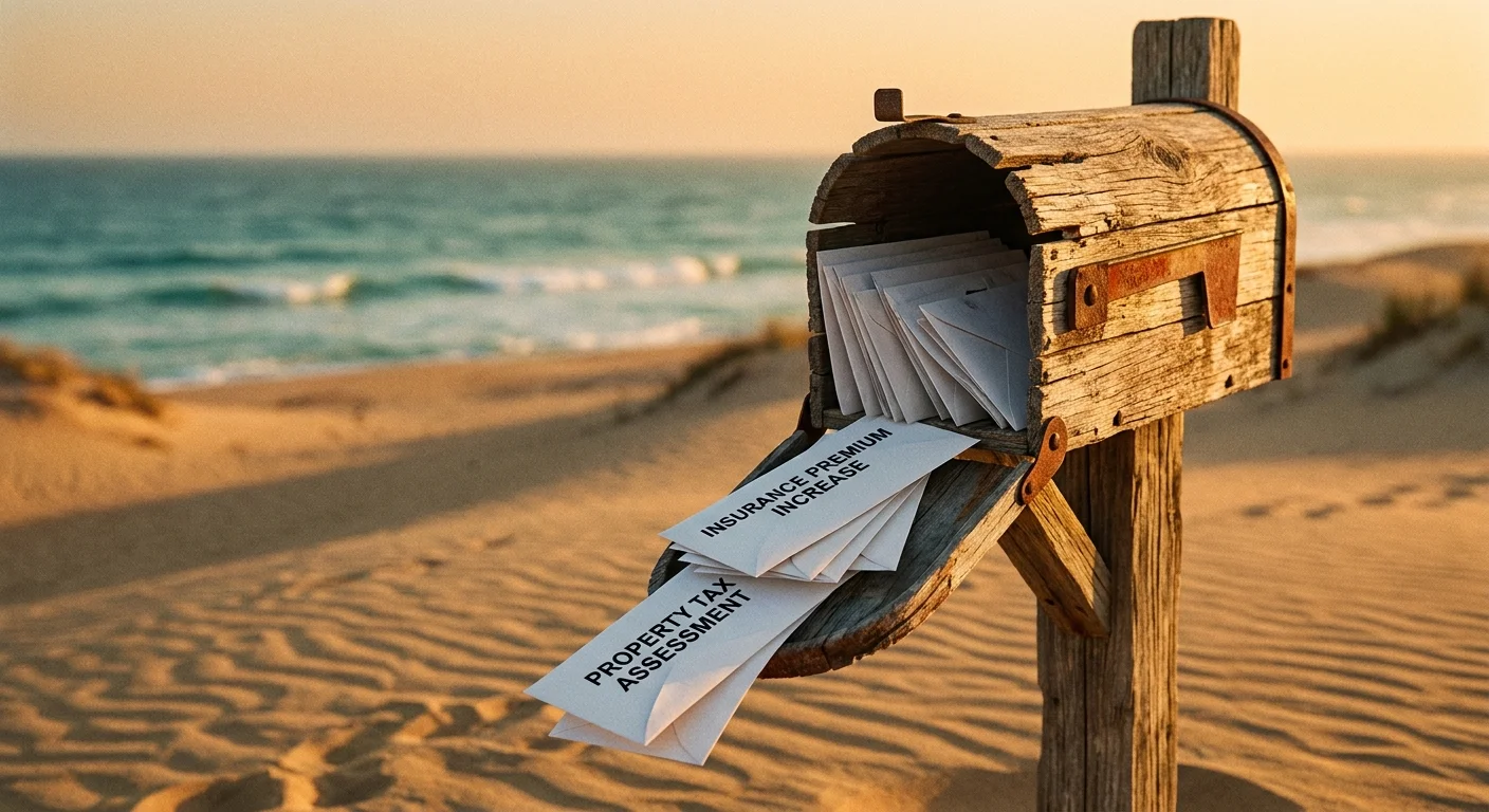 A weathered mailbox on a beach overflowing with insurance and tax bills under a sunset sky.