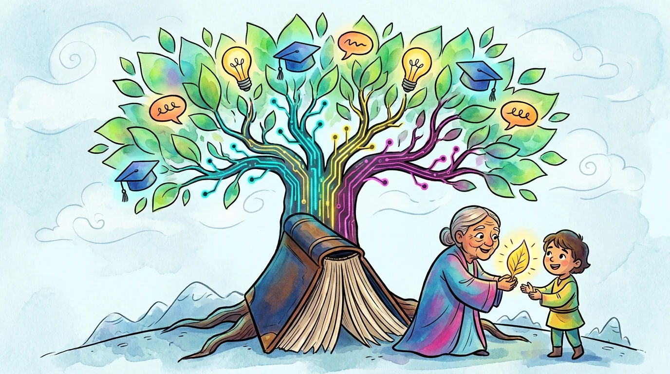 A whimsical illustration of an older person handing a glowing leaf from a knowledge tree to a student.