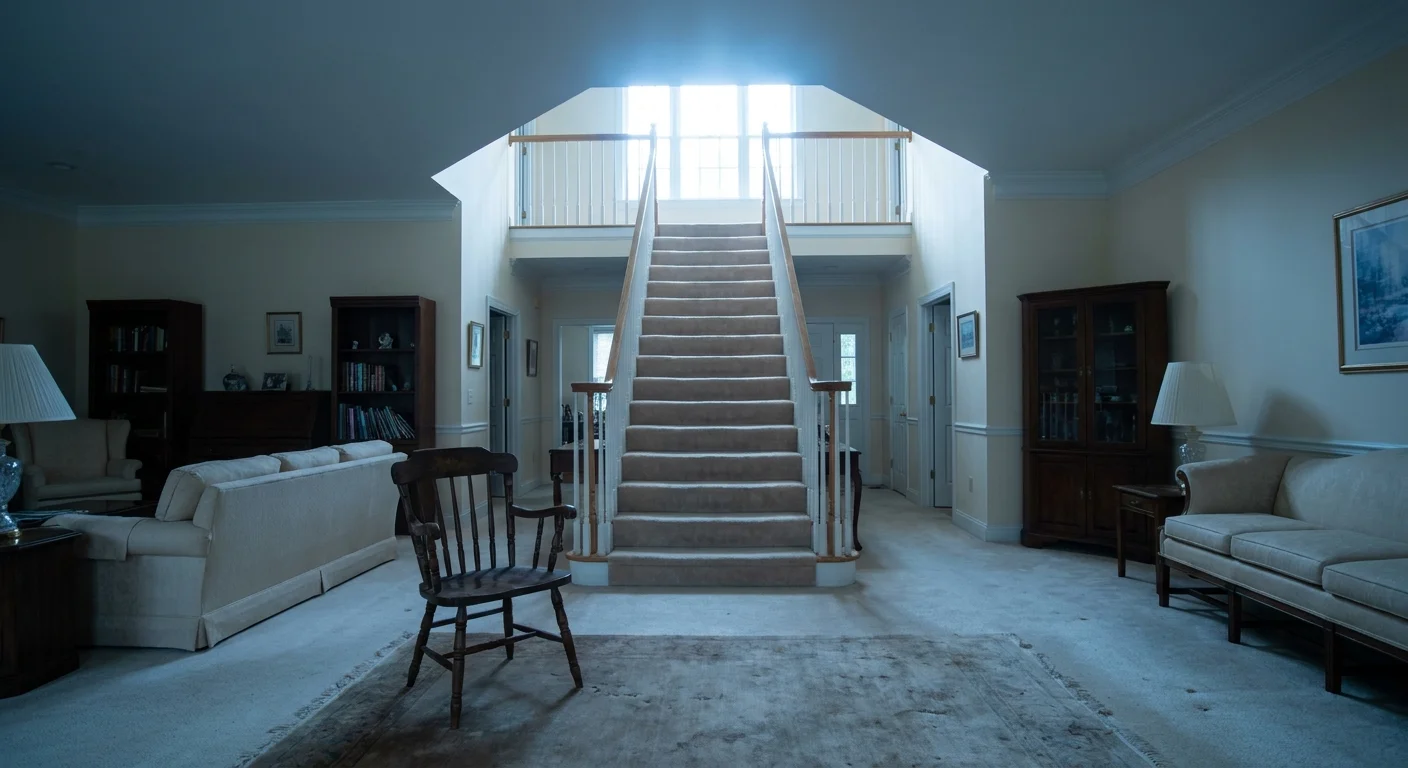 A wide shot of a large, empty living room with a steep staircase, symbolizing the challenges of aging in place.