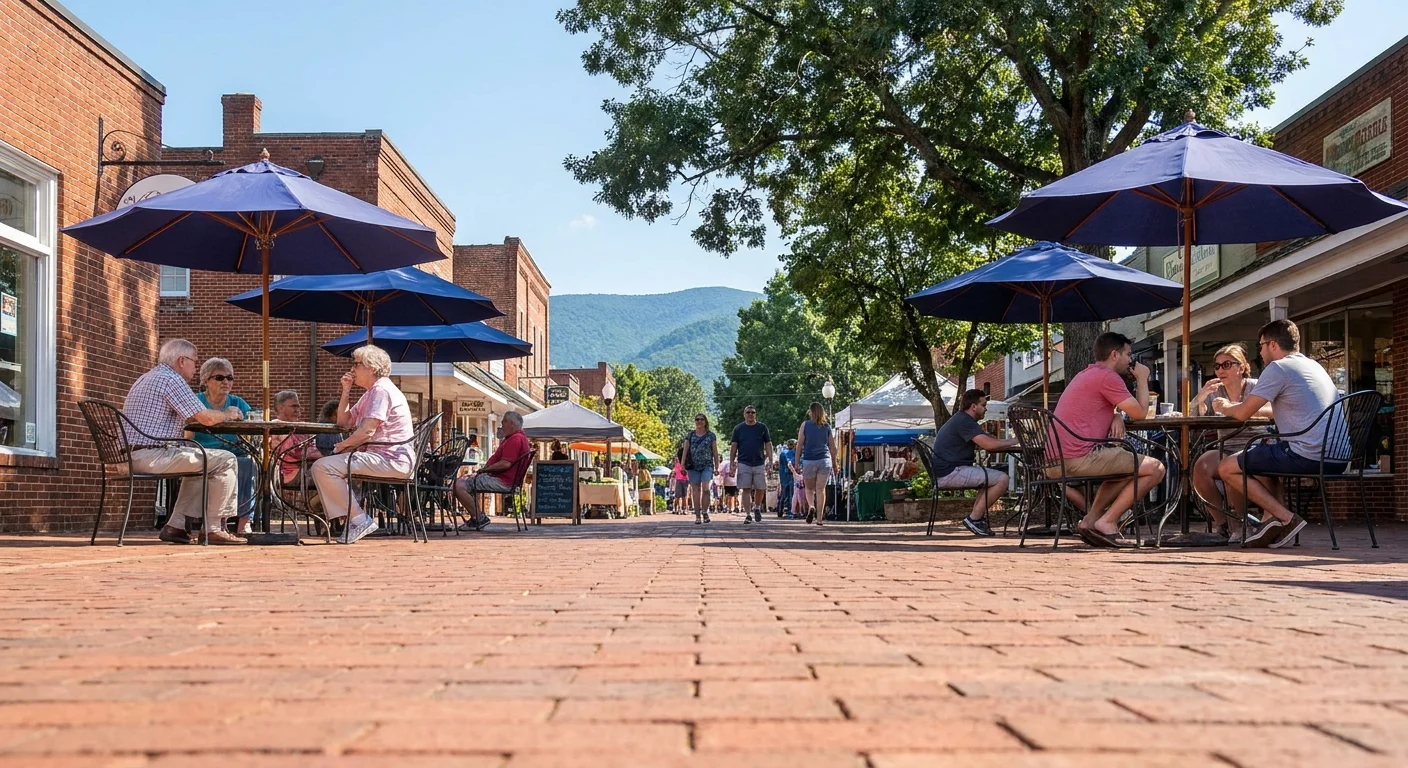 A wide view of the Charlottesville Pedestrian Mall with its brick paving, outdoor cafes, and large shade trees.