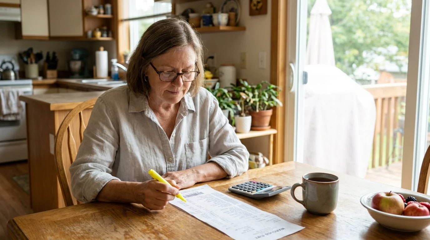 A woman at her kitchen table highlighting a long receipt with a calculator nearby, planning her retirement budget.