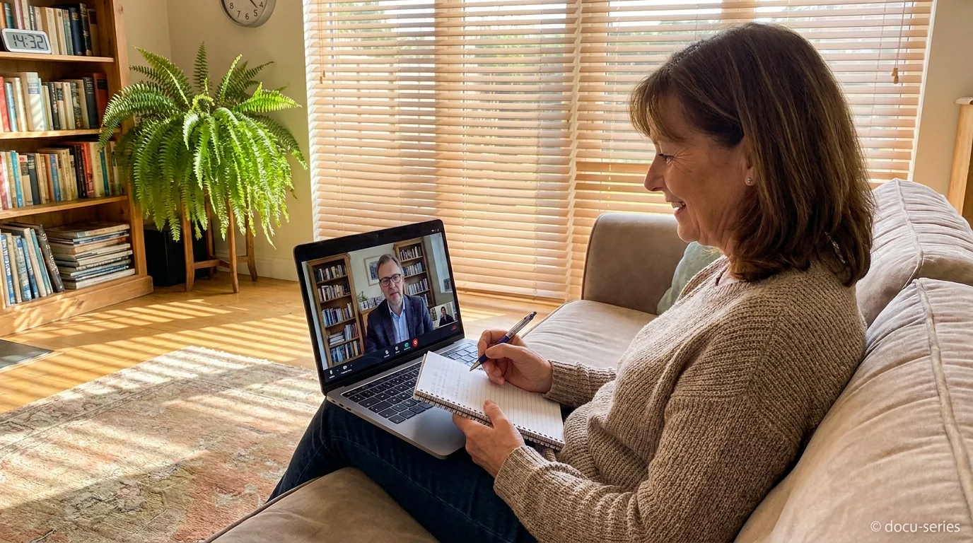 A woman having a relaxed video consultation with a financial advisor from her living room sofa.